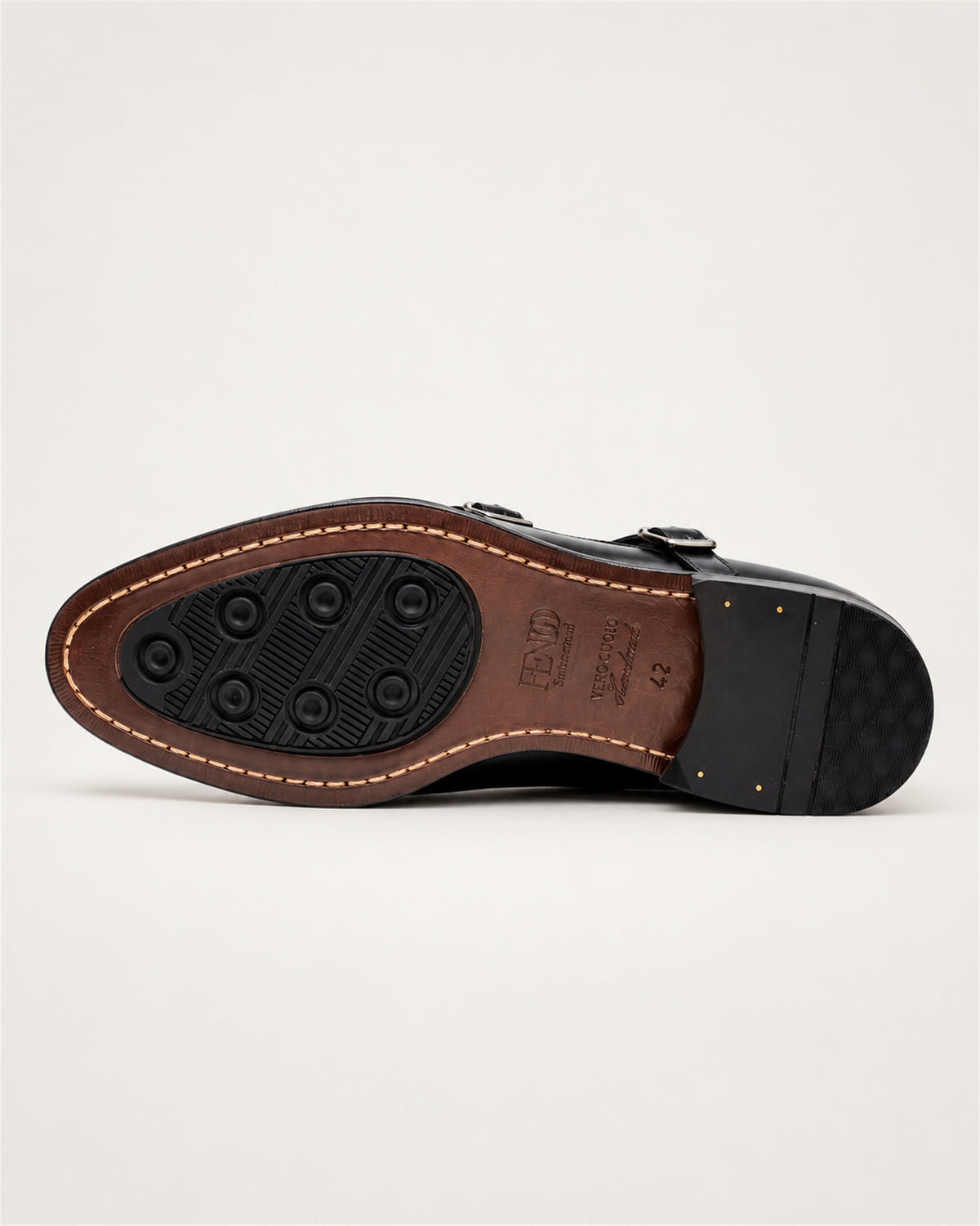 Black buffalo leather double monk strap shoes – outsole view