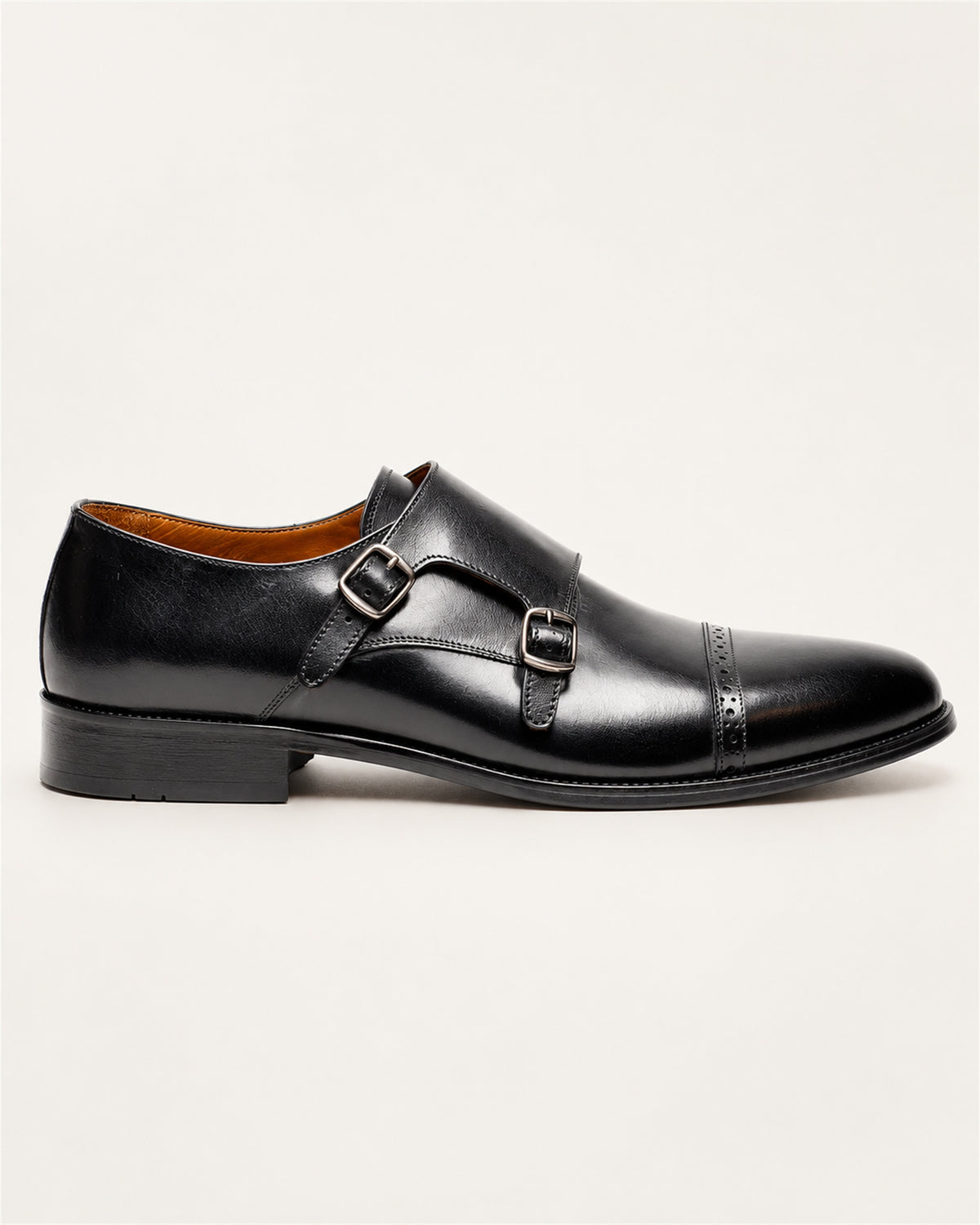 Black buffalo leather double monk strap shoes – side view