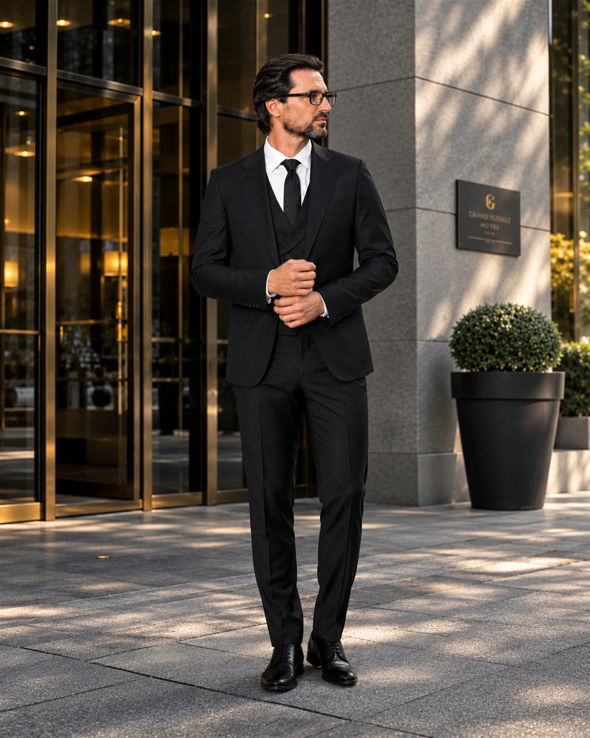 Black slim-fit wool suit with single-breasted jacket