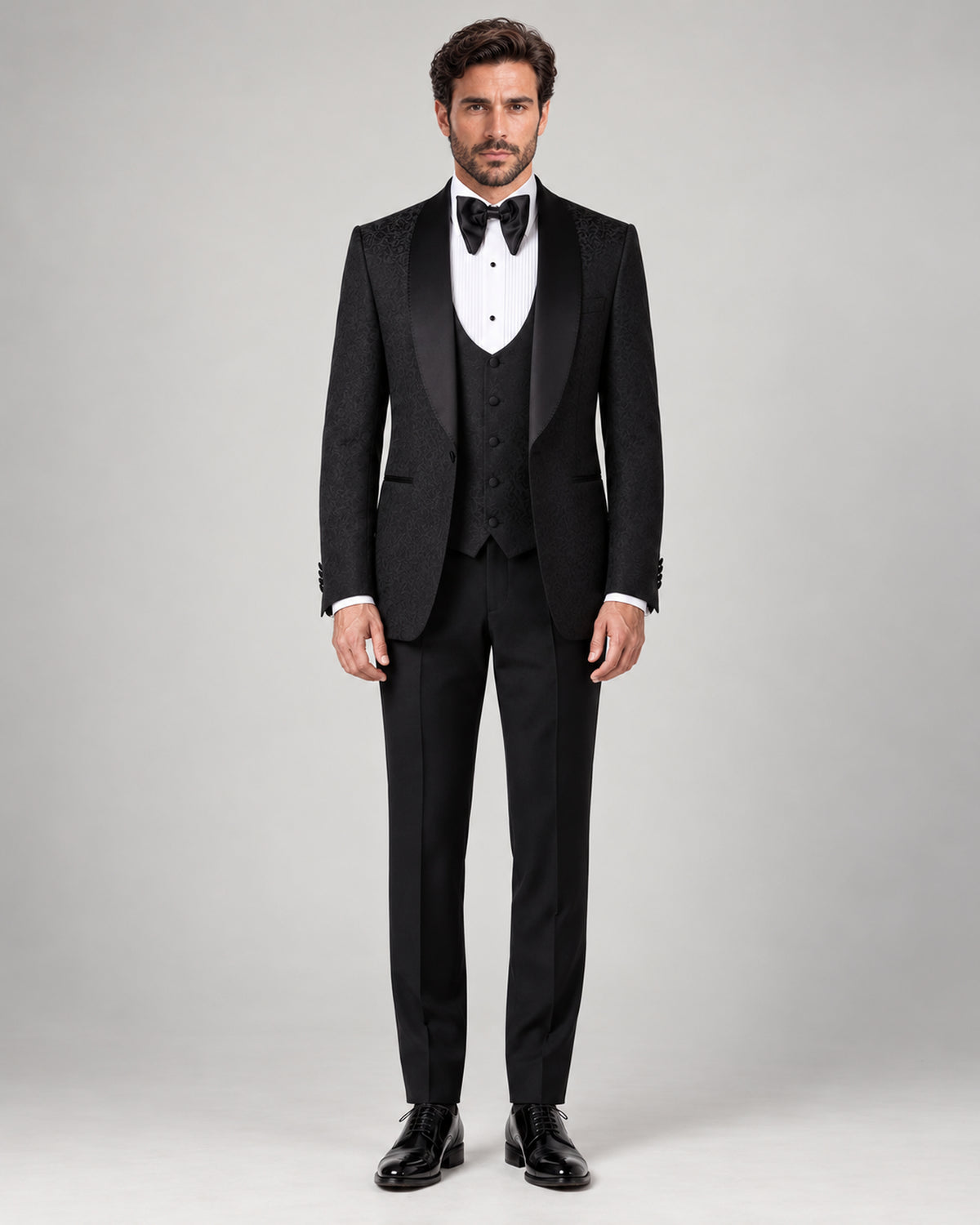 Black three-piece slim-fit wool tuxedo