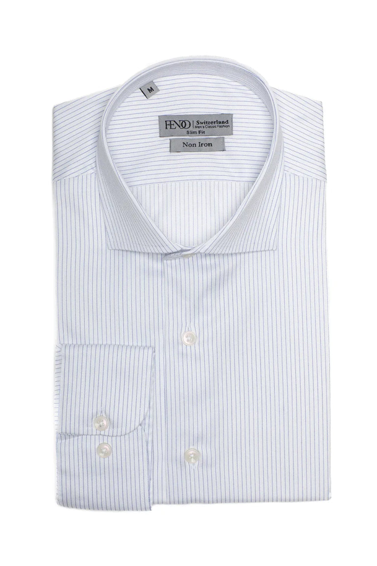White slim-fit cotton shirt with light blue stripes