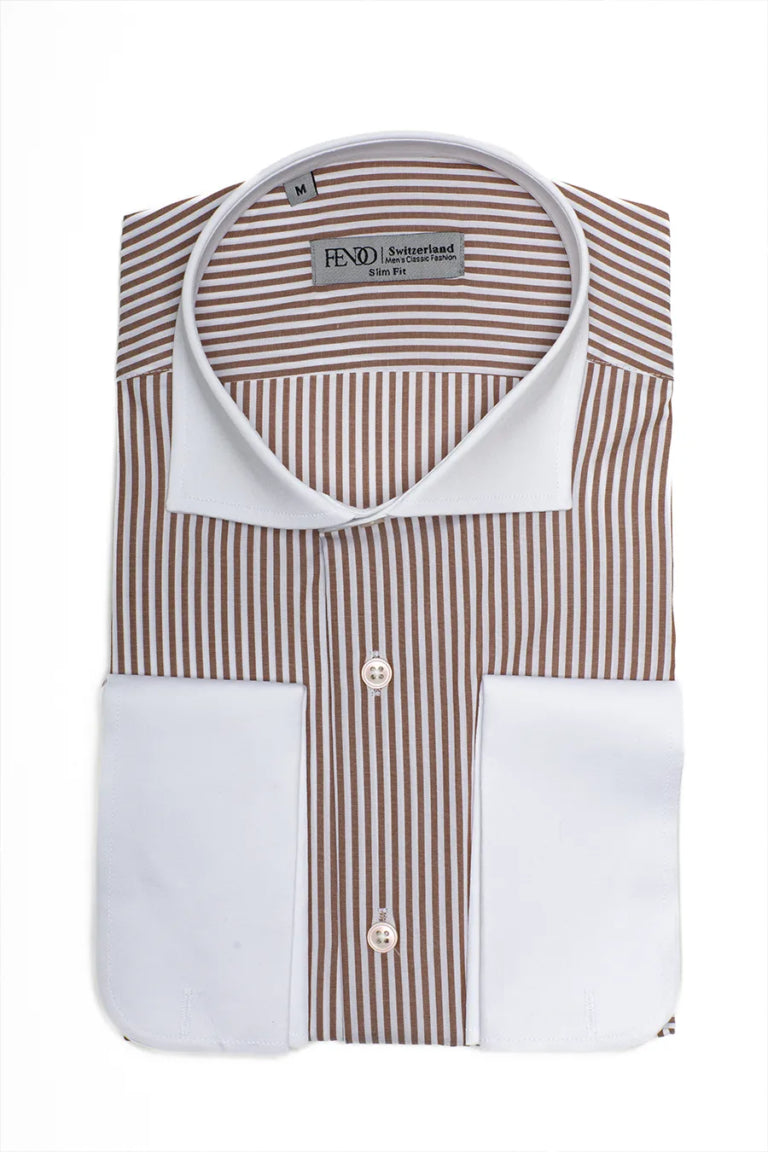 Braunes Slim Fit Hemd aus Baumwolle mit weißen Streifen