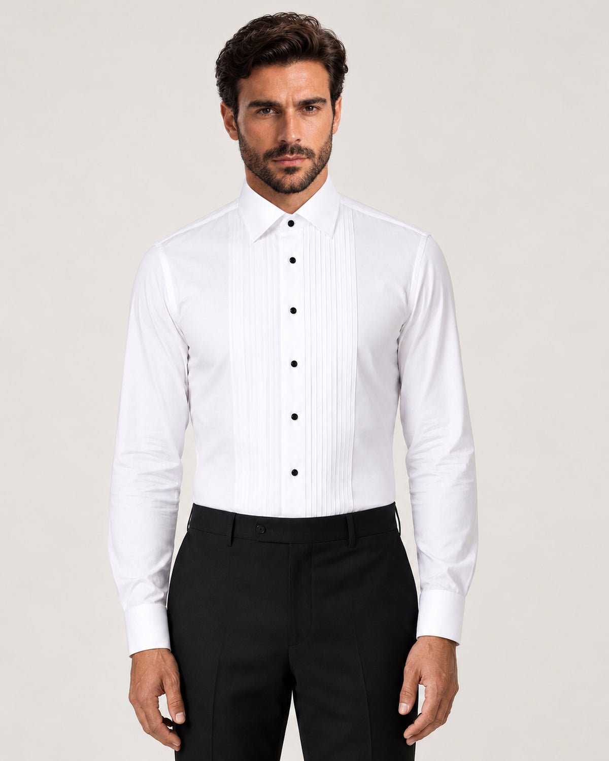 White cotton tuxedo shirt with a pleated front
