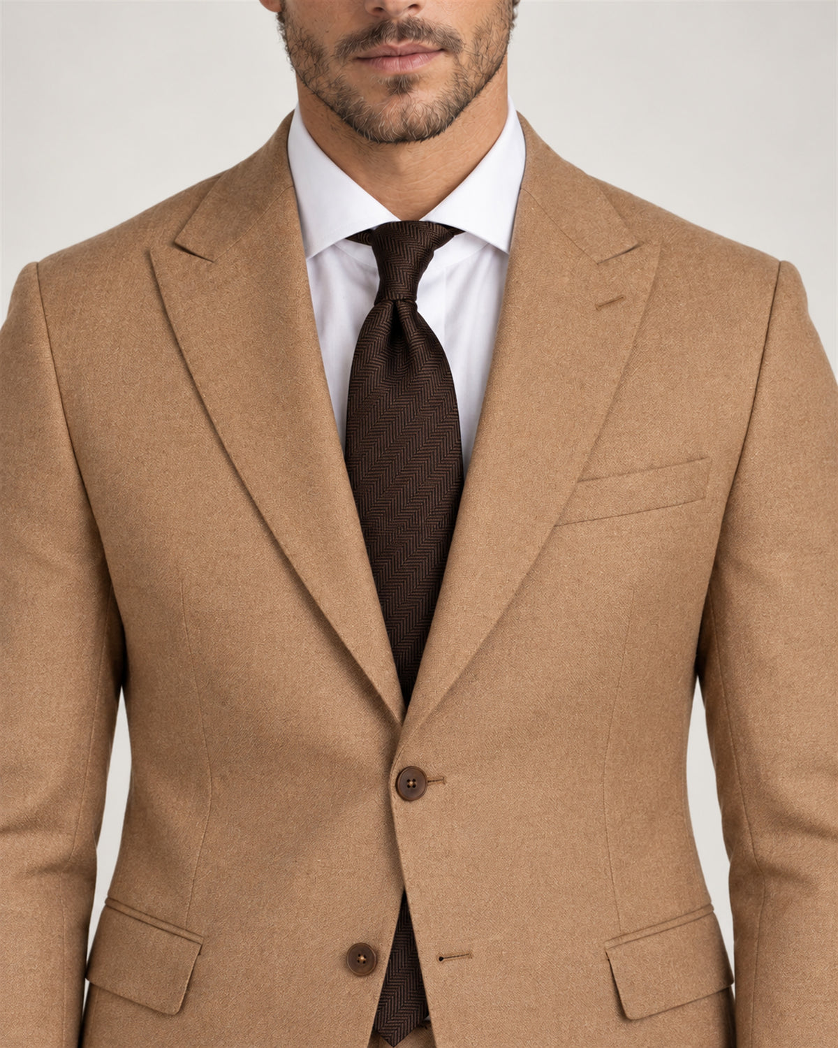 Camel tailored-fit single-breasted wool-blend suit – collar and lapel detail