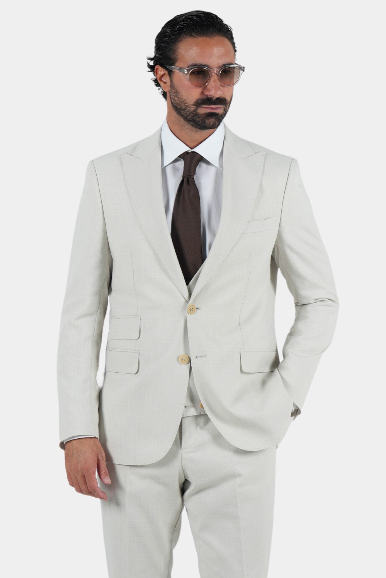 Beige three-piece microfiber suit with tailored fit