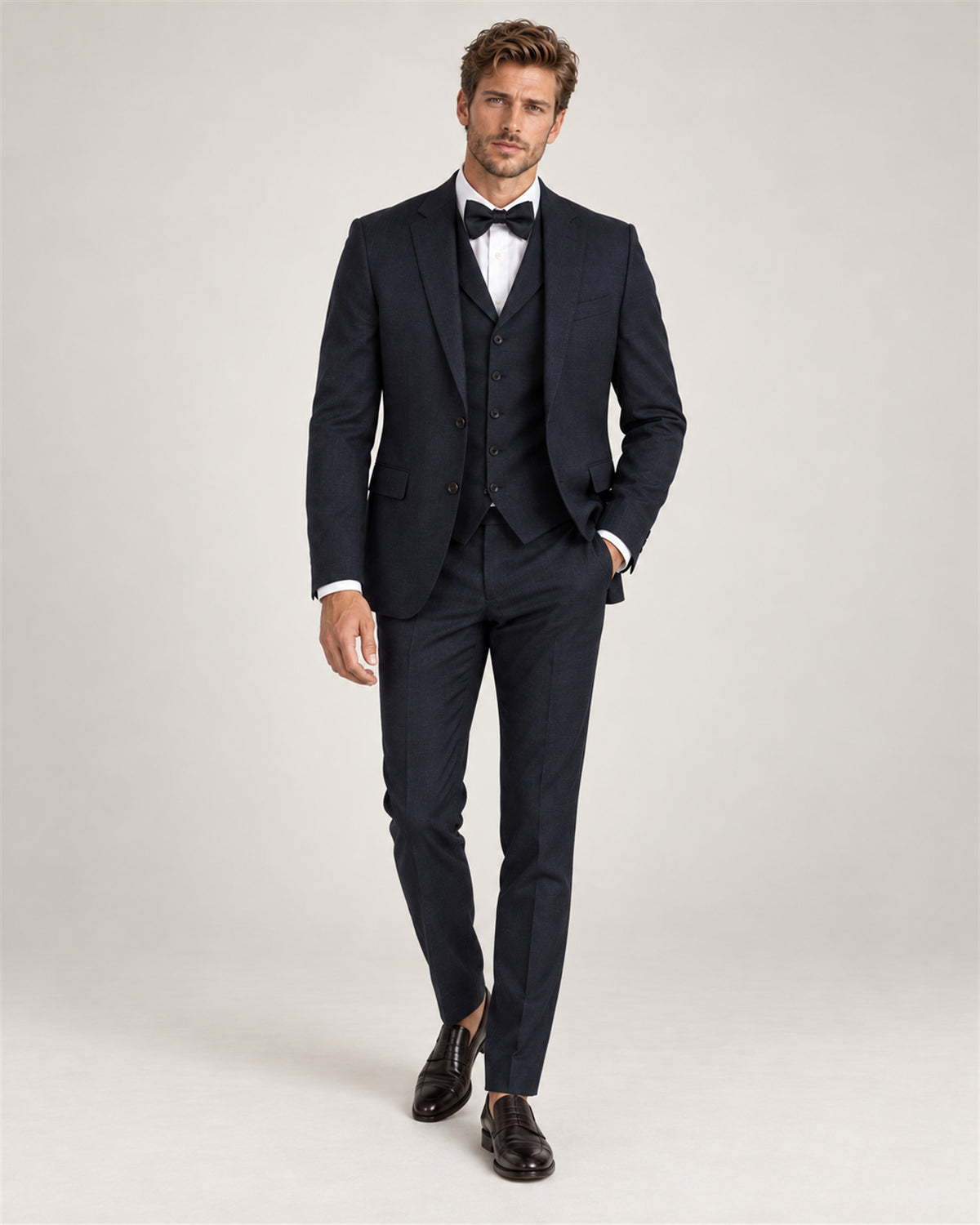 Navy tailored-fit three-piece microfibre-blend suit – full-length view on model