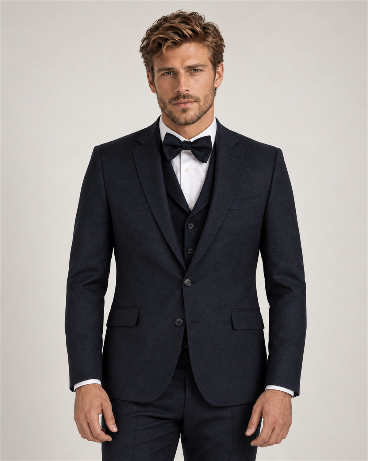 Navy tailored-fit three-piece microfibre-blend suit – on model