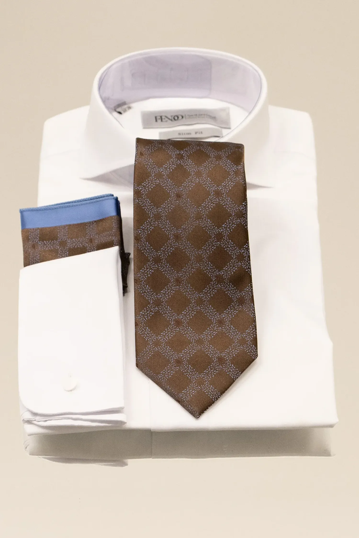 Geometric pattern tie and handkerchief, brown in color