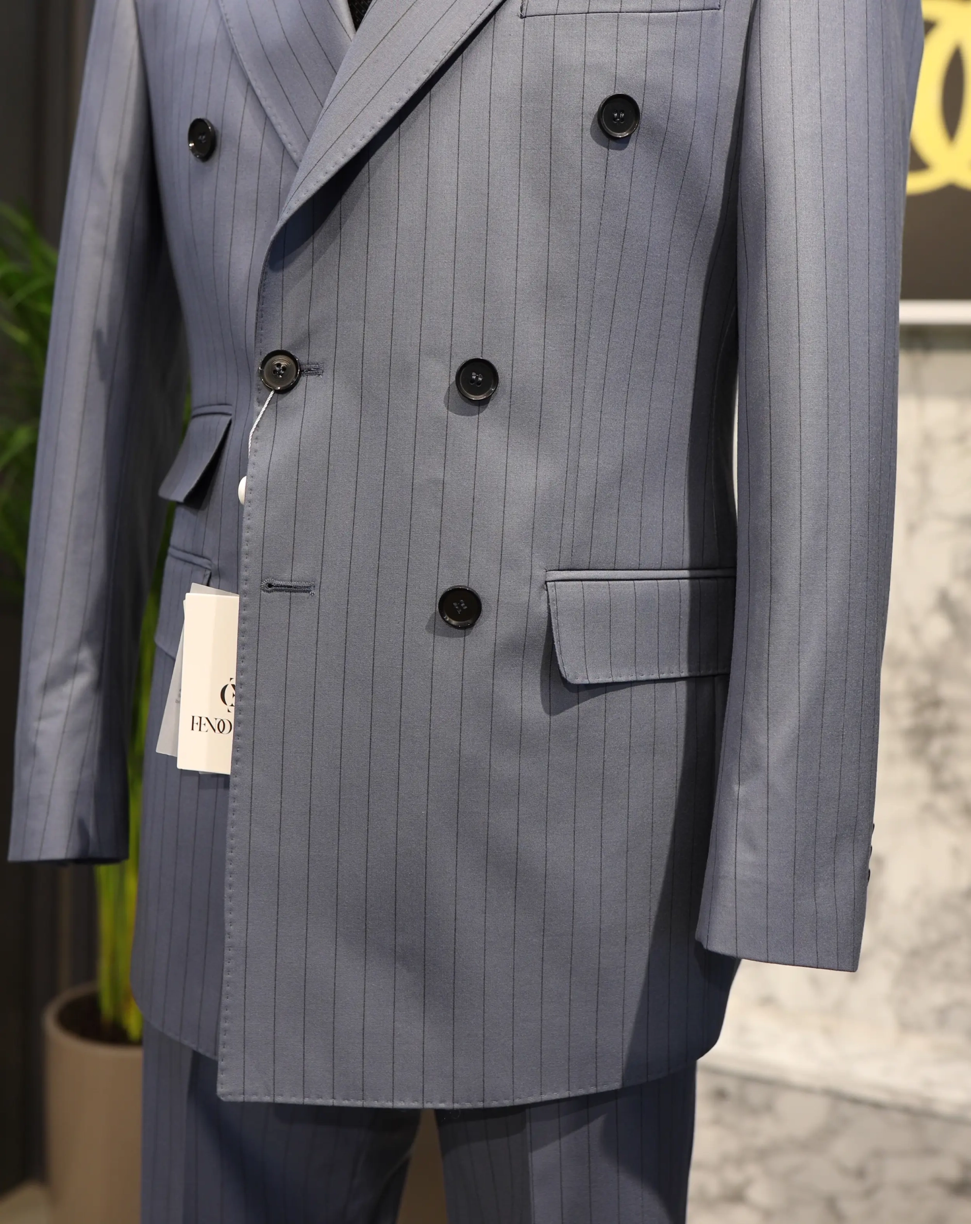 Bischofszell sky blue double breasted suit with black stripes
