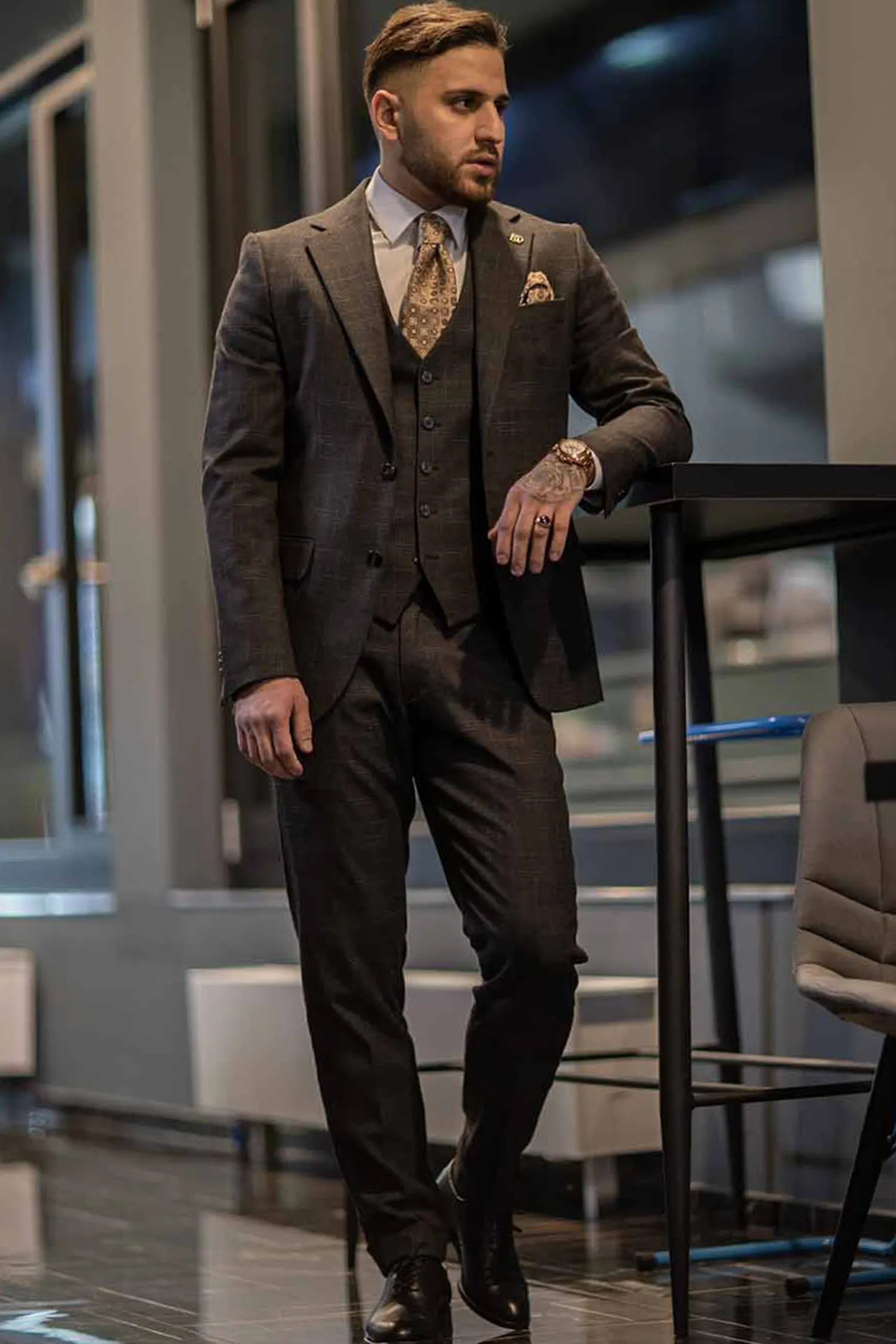 Men dark brown(umber) check three piece suit