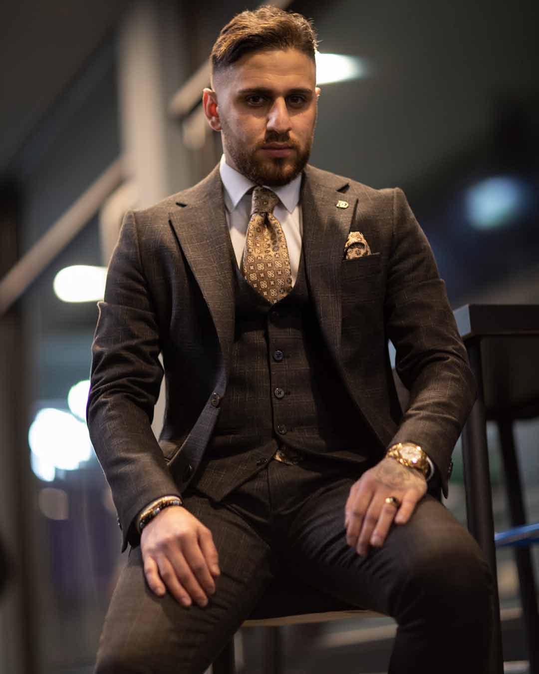 Men dark brown(umber) check three piece suit