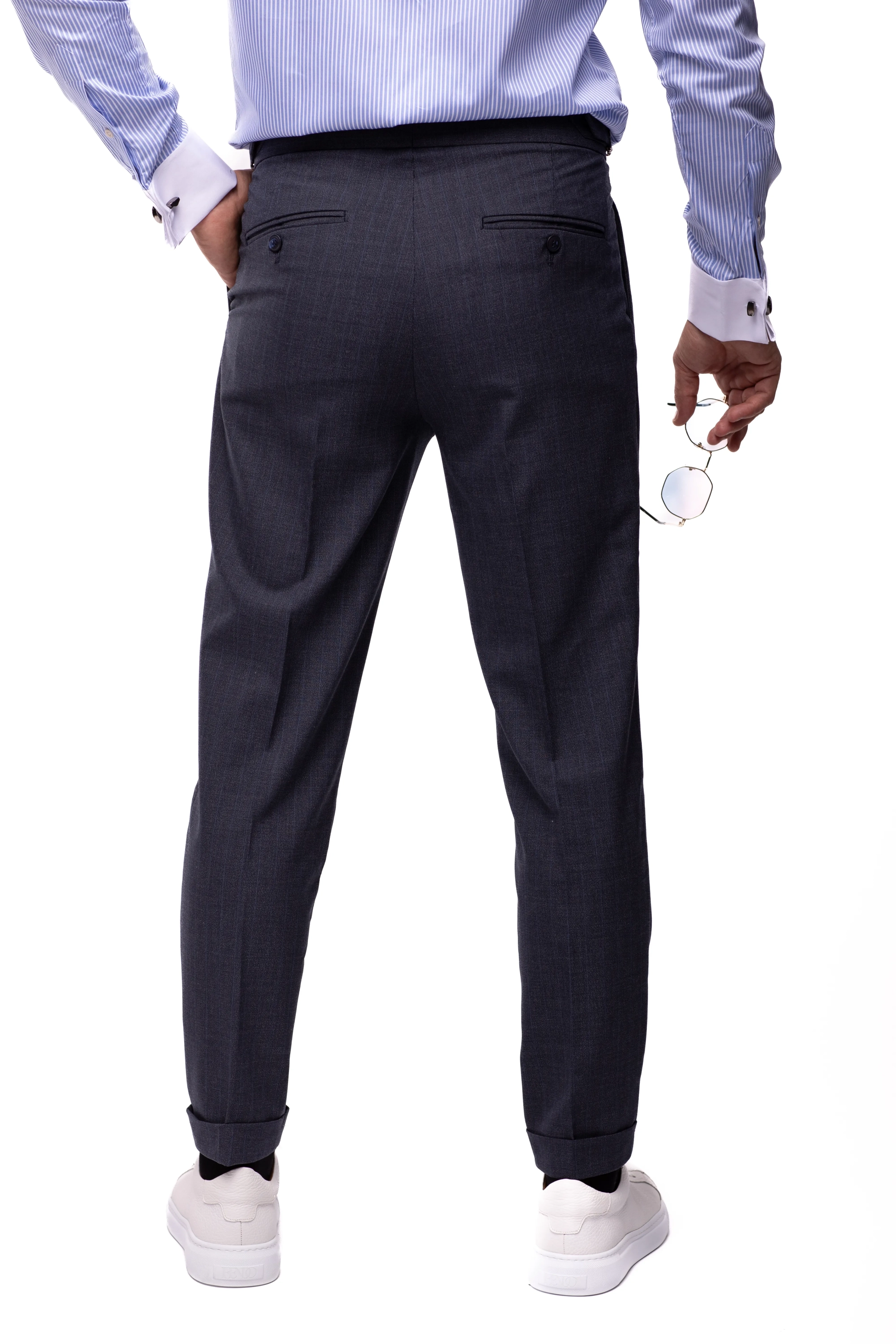 Shantung trousers with dark blue stripes
