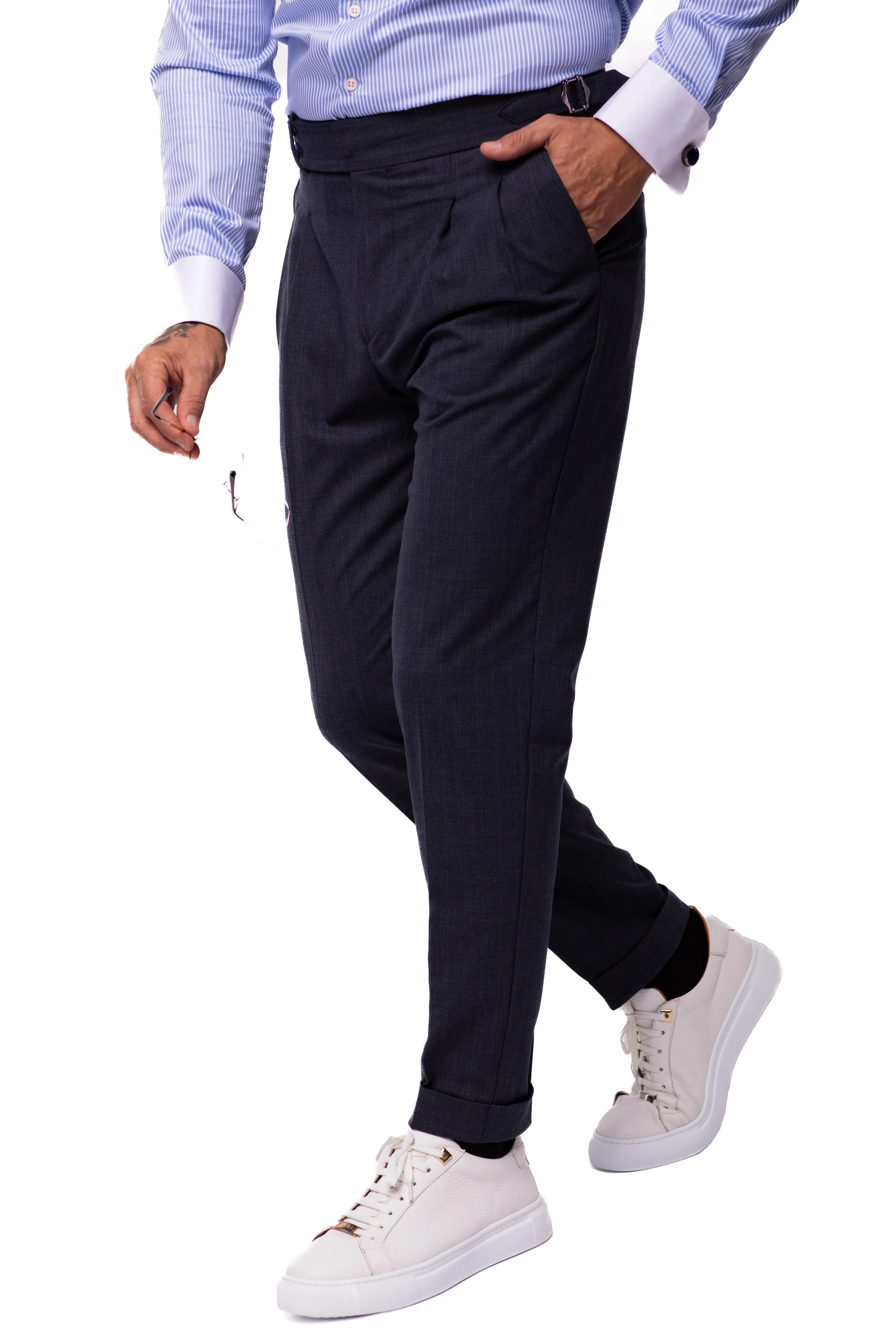 Shantung trousers with dark blue stripes