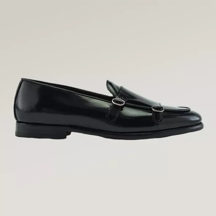 Black leather shoe with double monk strap