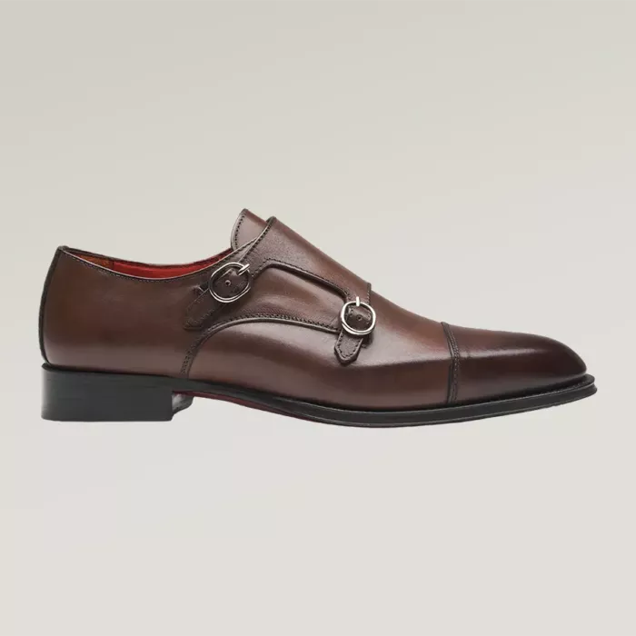 Brown leather shoe with double monk strap