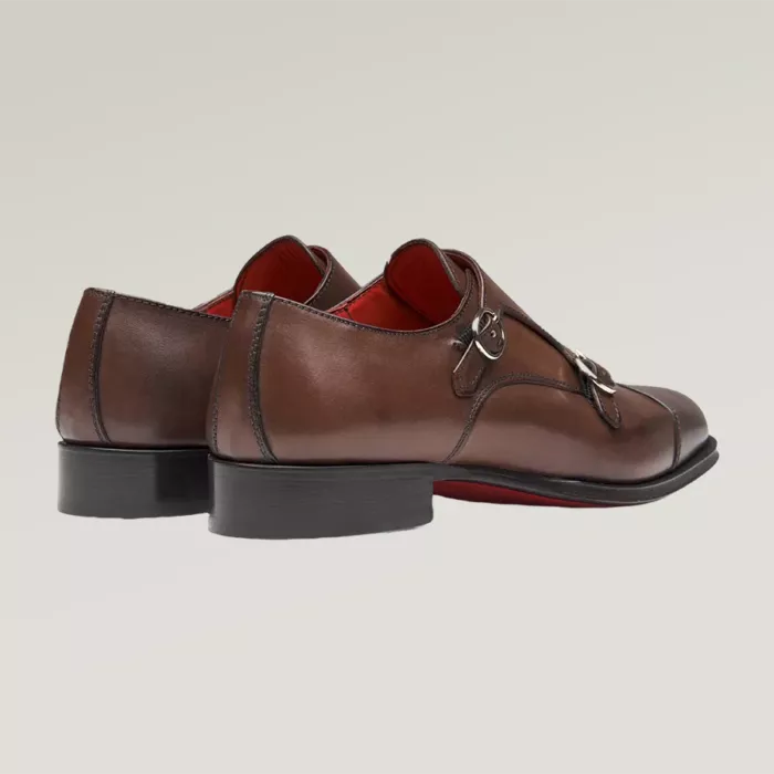 Brown leather shoe with double monk strap