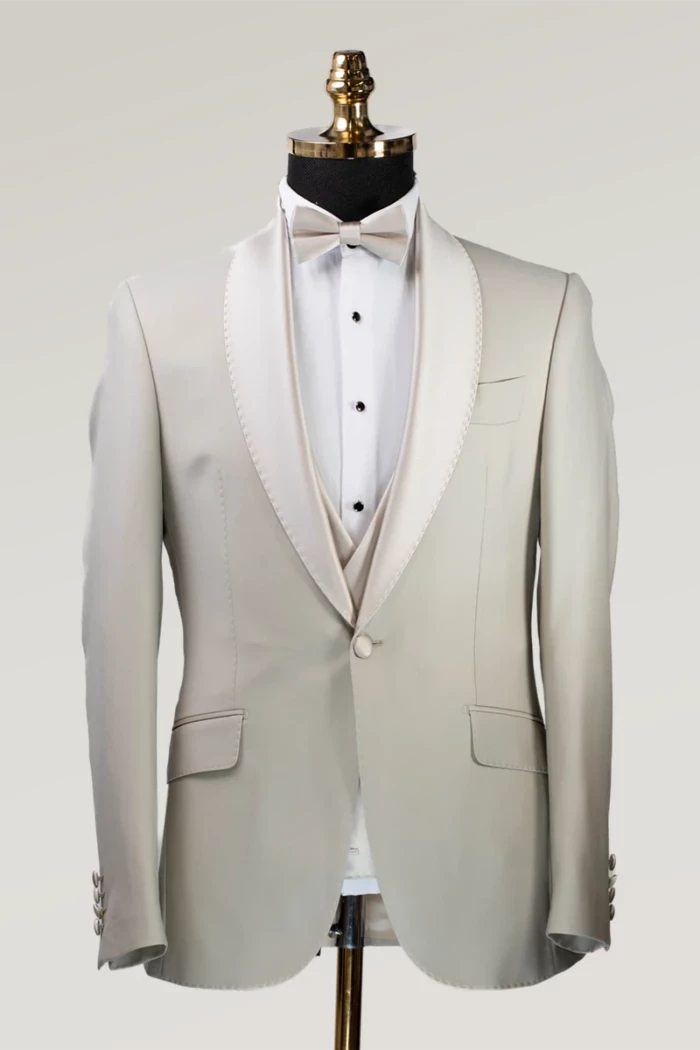 Beige Slim Fit Single Breasted Tuxedo Suit