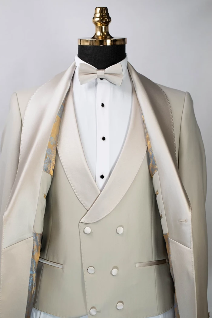 Beige Slim Fit Double Breasted Tuxedo Suit