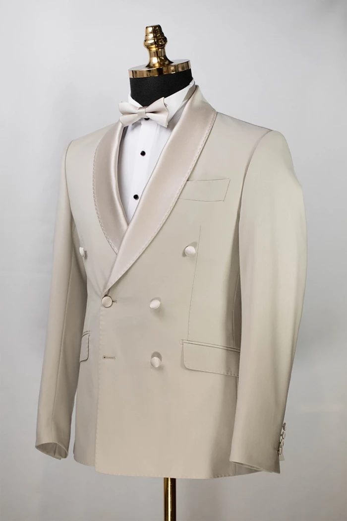 Beige Slim Fit Double Breasted Tuxedo Suit