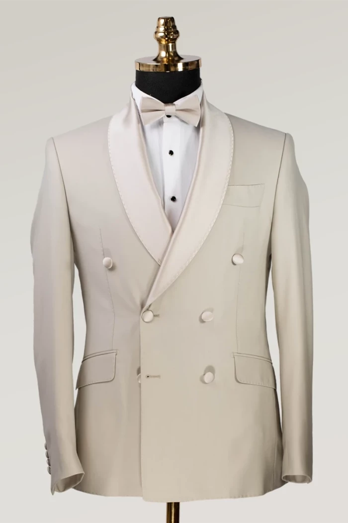 Beige Slim Fit Double Breasted Tuxedo Suit