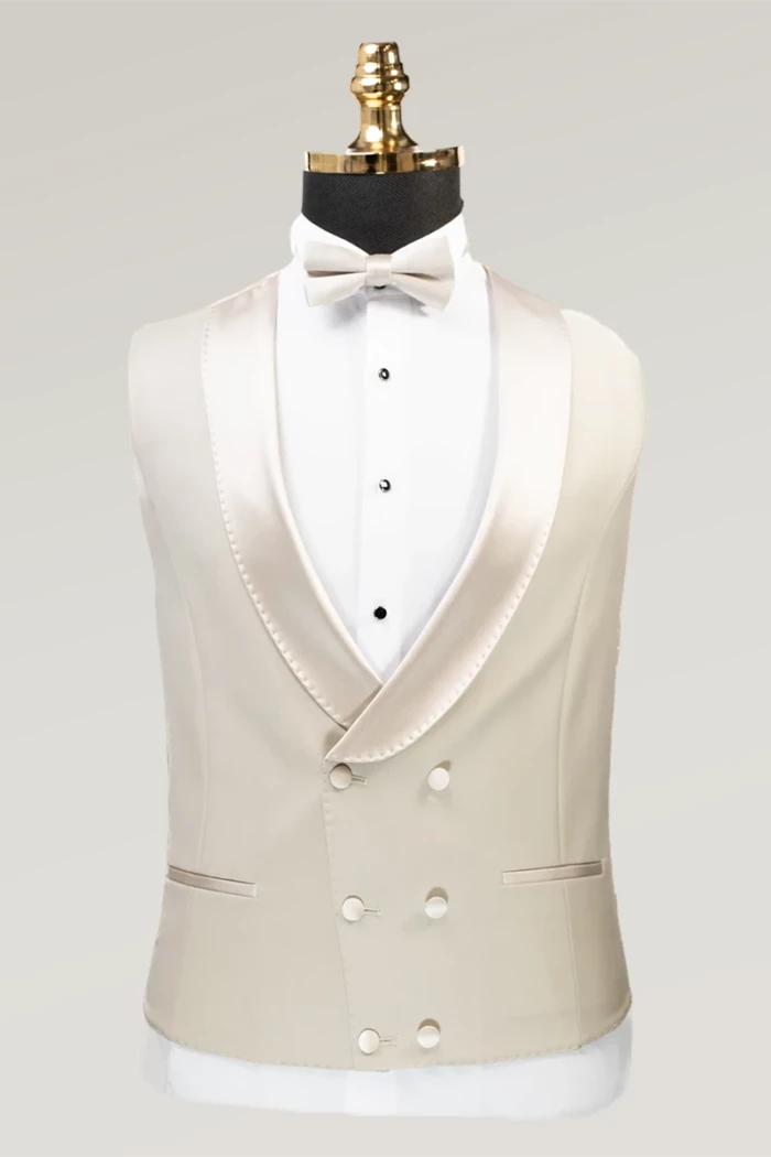 Beige Slim Fit Double Breasted Tuxedo Suit