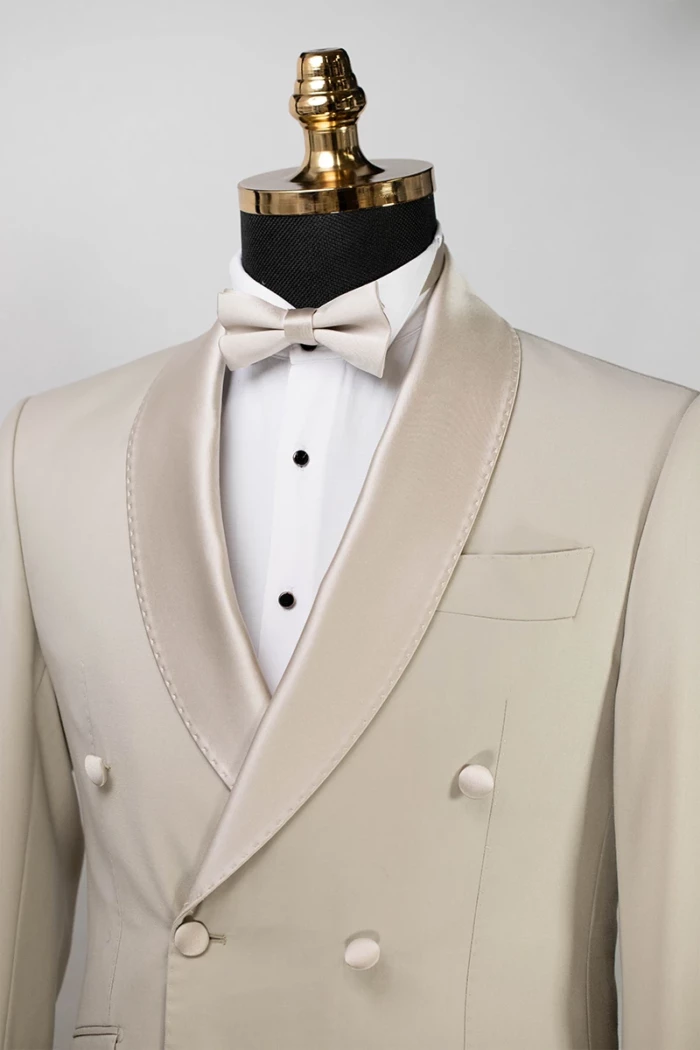 Beige Slim Fit Double Breasted Tuxedo Suit