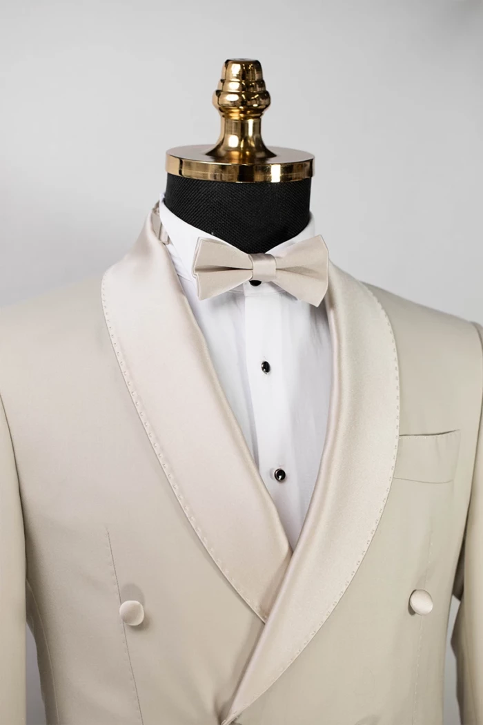 Beige Slim Fit Double Breasted Tuxedo Suit