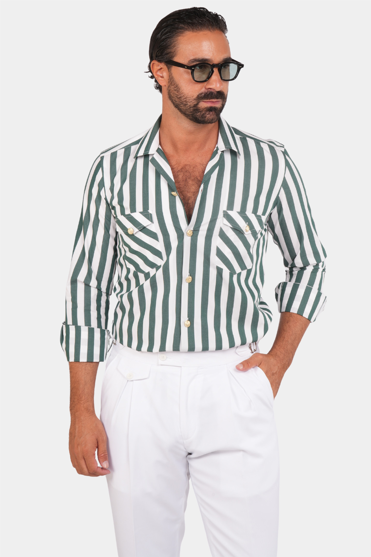 Green and White Striped Safari Shirt