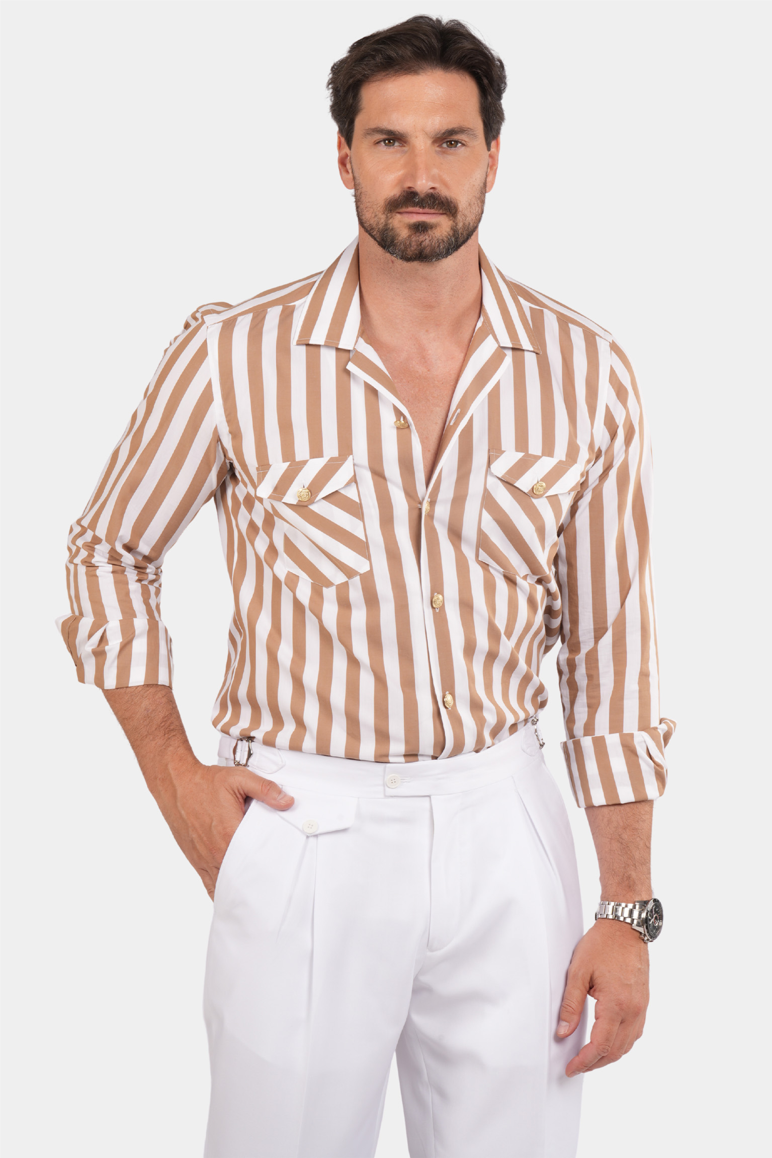 Beige und Weiße Streifen Safari Hemd