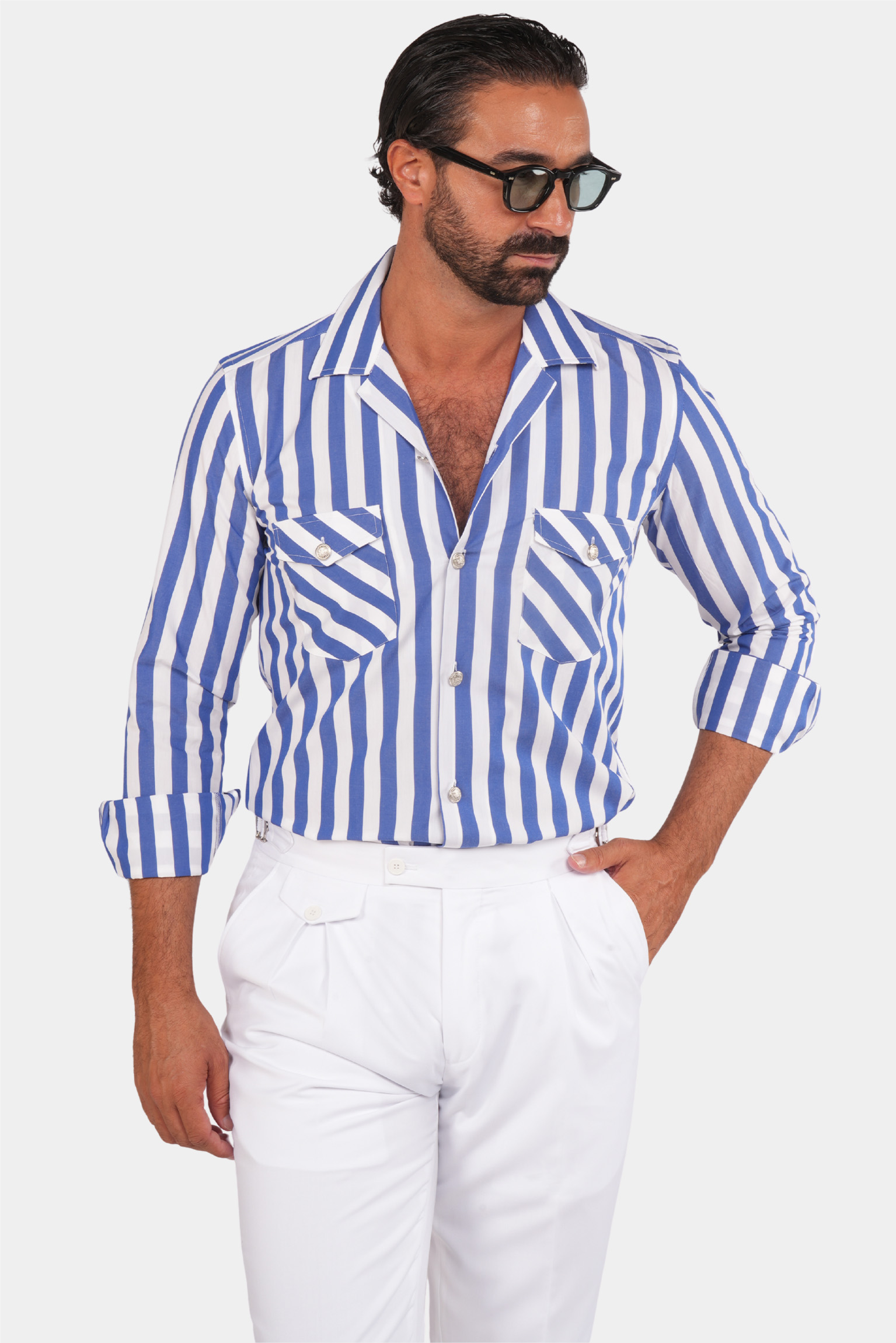 Navy Blau und Weiße Streifen Safari-Hemd