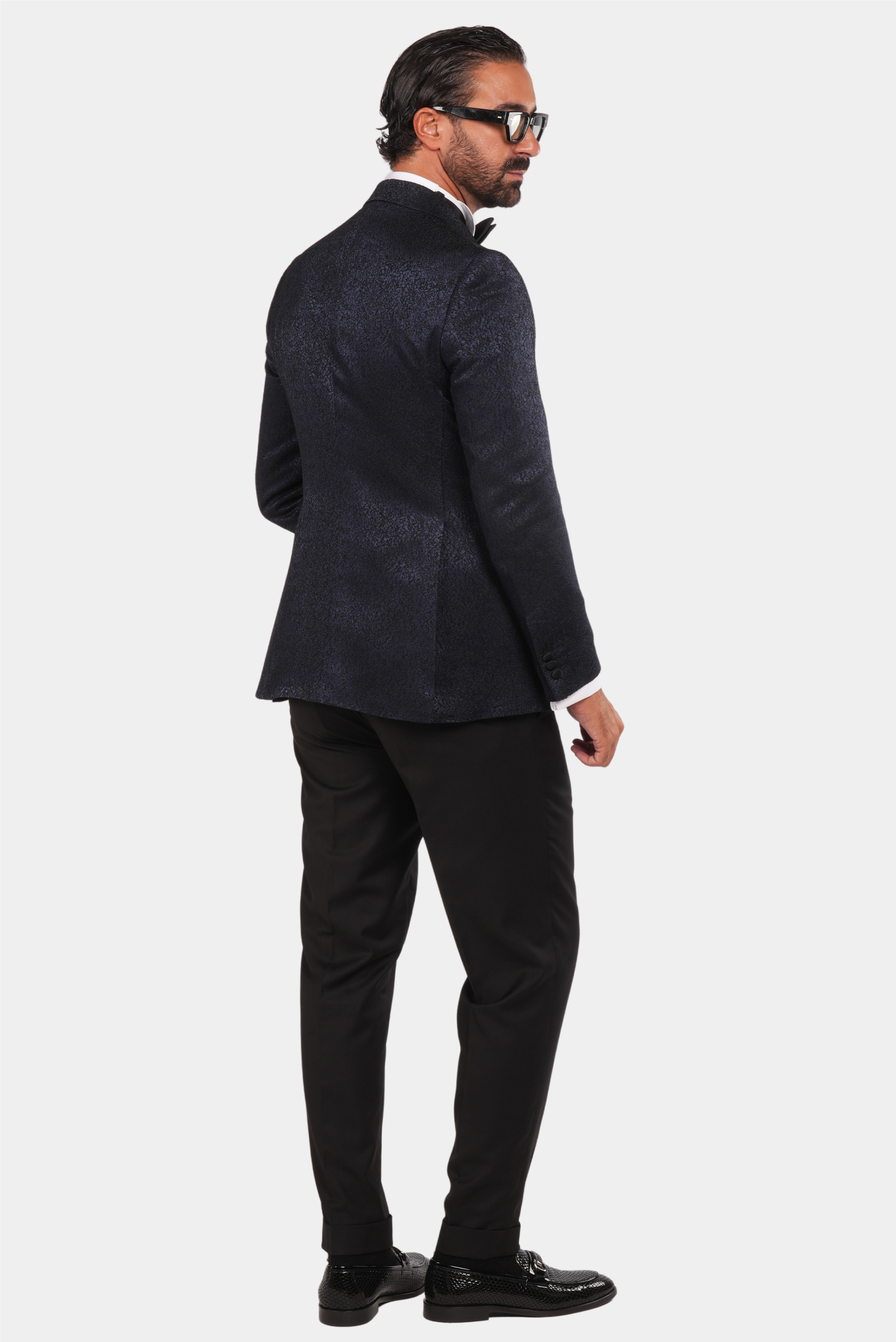Blue-Black Tuxedo Men Double-Breasted with Satin Lapel and Texture