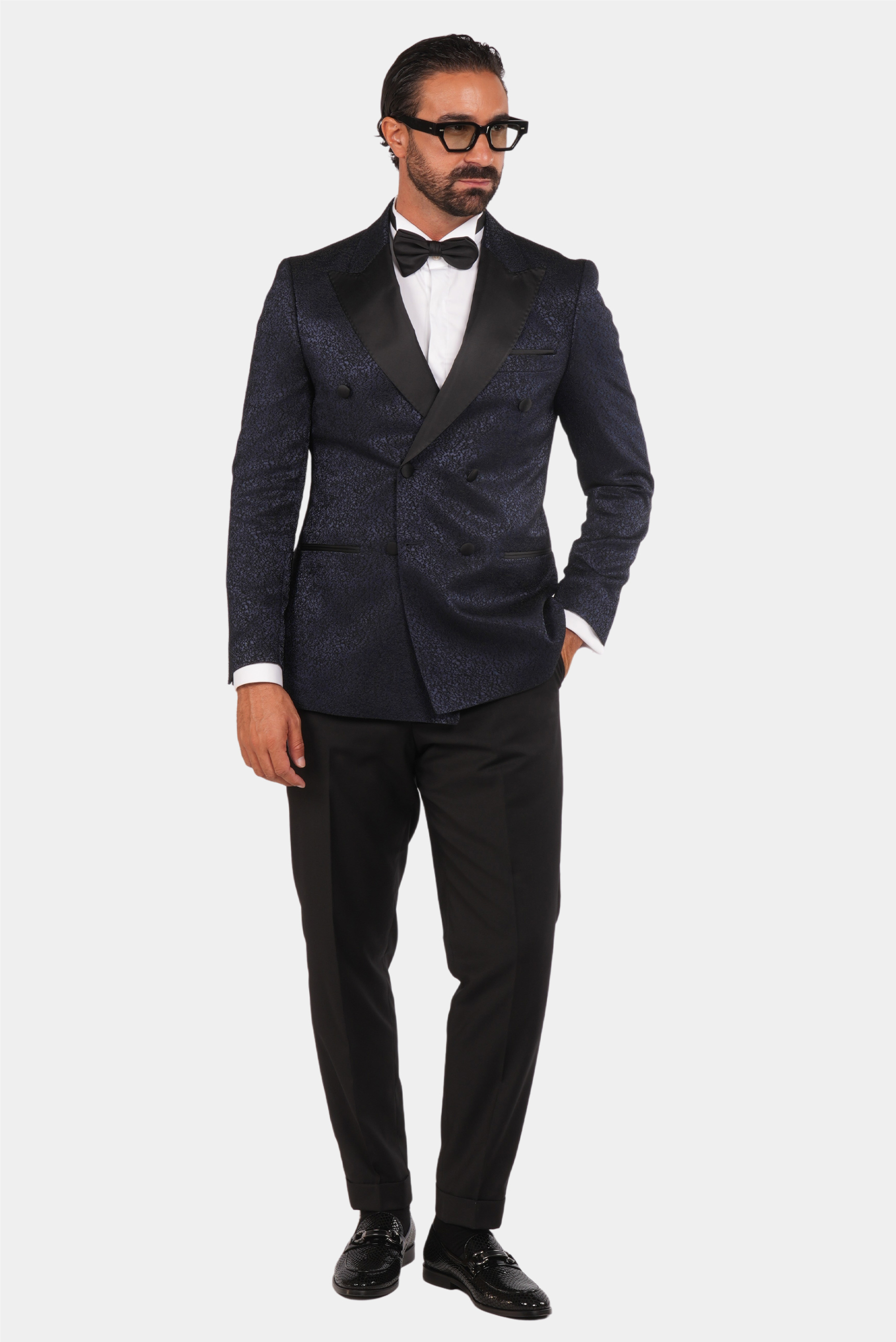 Blue-Black Tuxedo Men Double-Breasted with Satin Lapel and Texture