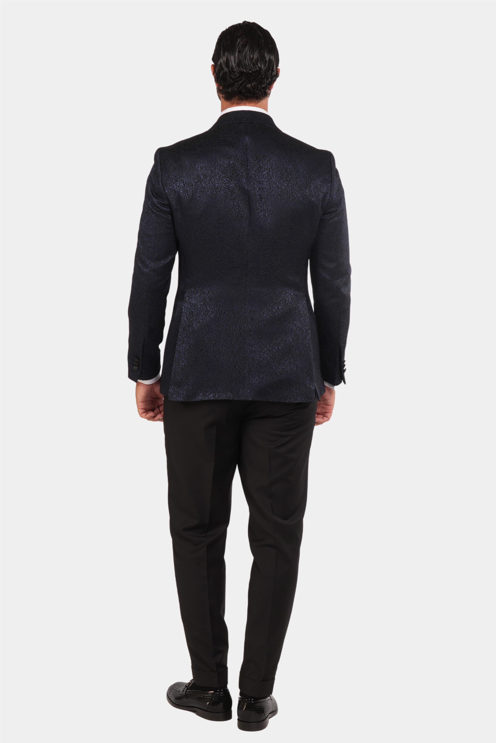 Blue-Black Tuxedo Men Double-Breasted with Satin Lapel and Texture