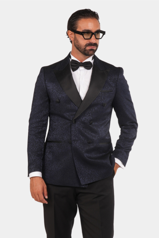 Smoking Herren Blau-Schwarz – Doppelreiher mit Satin-Revers & Struktur