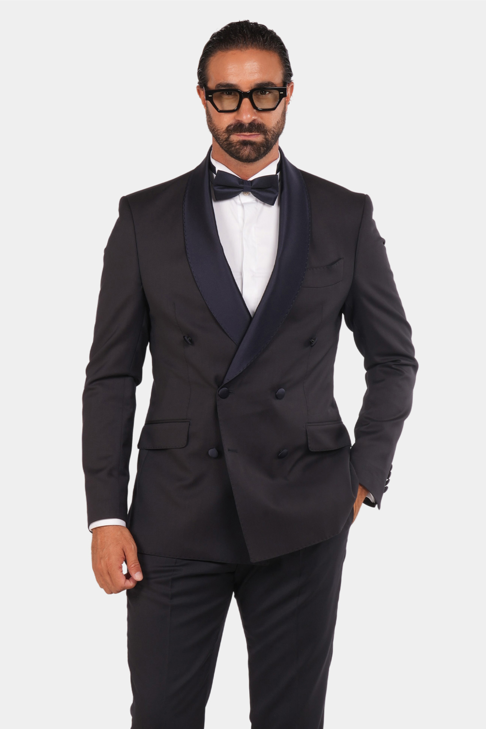 Dunkelblaue Slim Fit Doppelreihige Smoking-Anzug