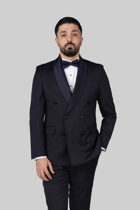 Dunkelblaue Slim Fit Doppelreihige Smoking-Anzug