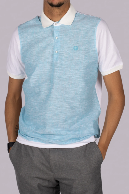 Turquoise and white patterned cotton polo shirt