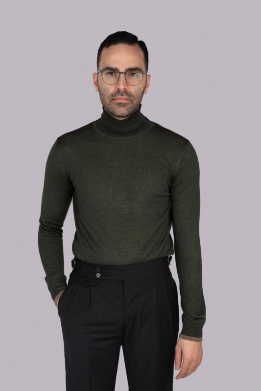 Dunkelgrüner italienischer Woll-Acryl Rollkragenpullover