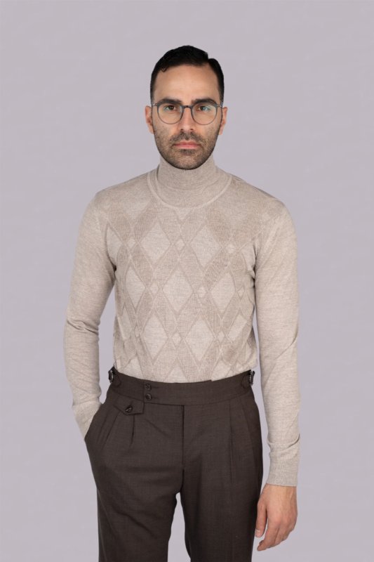 Beiger italienischer Woll-Acryl-Rollkragenpullover