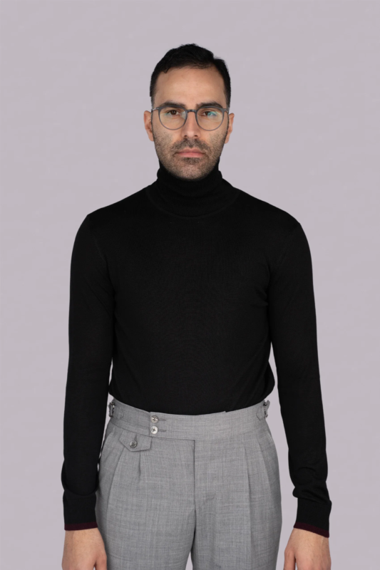 Schwarzer italienischer Woll-Acryl-Rollkragenpullover