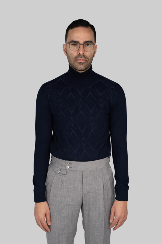 Dunkelblauer Rollkragenpullover aus italienischem Woll-Acryl-Gemisch