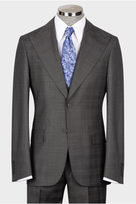 Gray checked modern fit single-breasted suit.