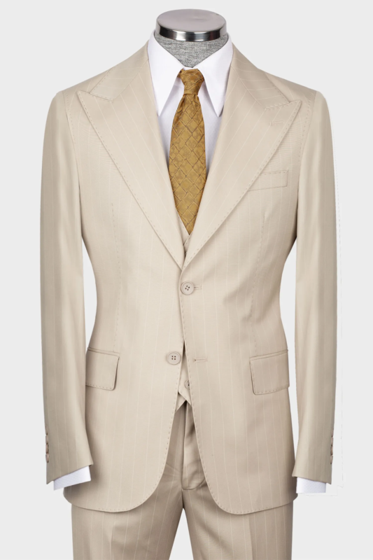 Cream striped modern fit single-breasted suit.