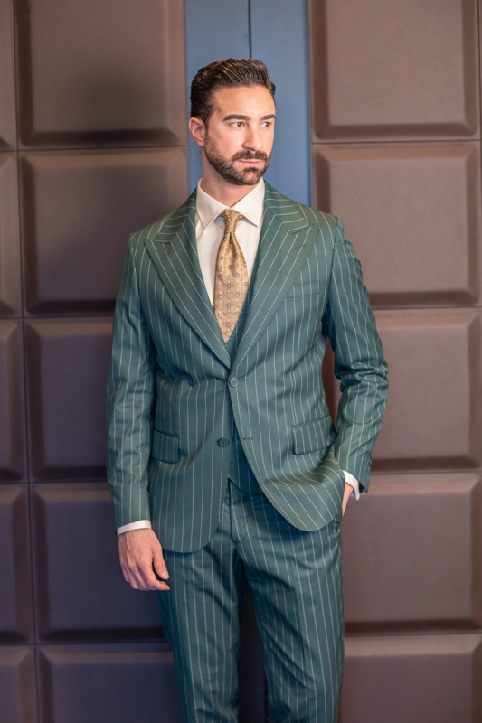 Green striped single-breasted modern fit suit