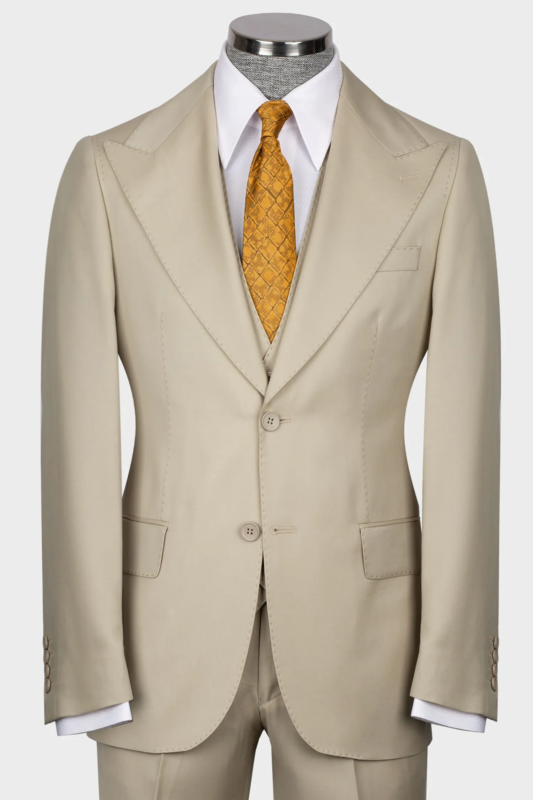 Beige modern fit single-breasted suit.