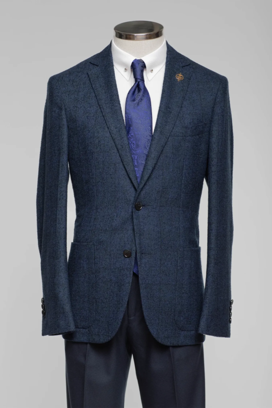 Dark Blue Patterned Slim Fit Single-Breasted Blazer