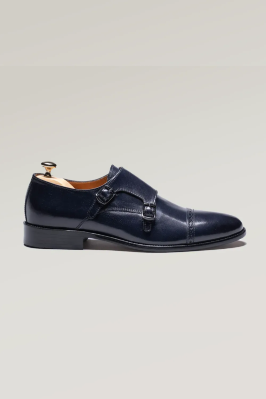 Navy blauer Büffelleder Schuh mit doppeltem Monk Strap