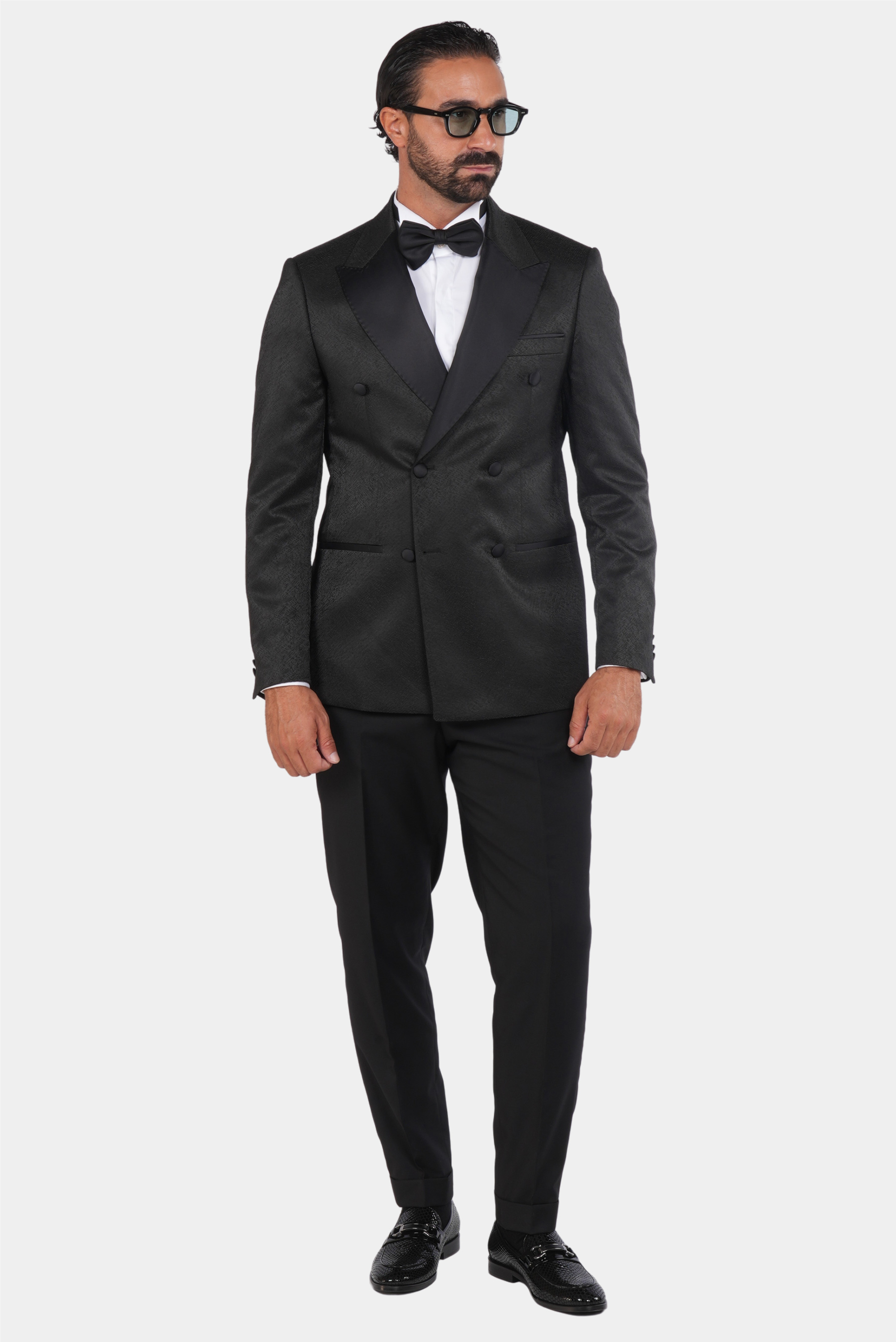 Smoking Herren Schwarz – Doppelreiher mit Strukturstoff & Satin-Revers