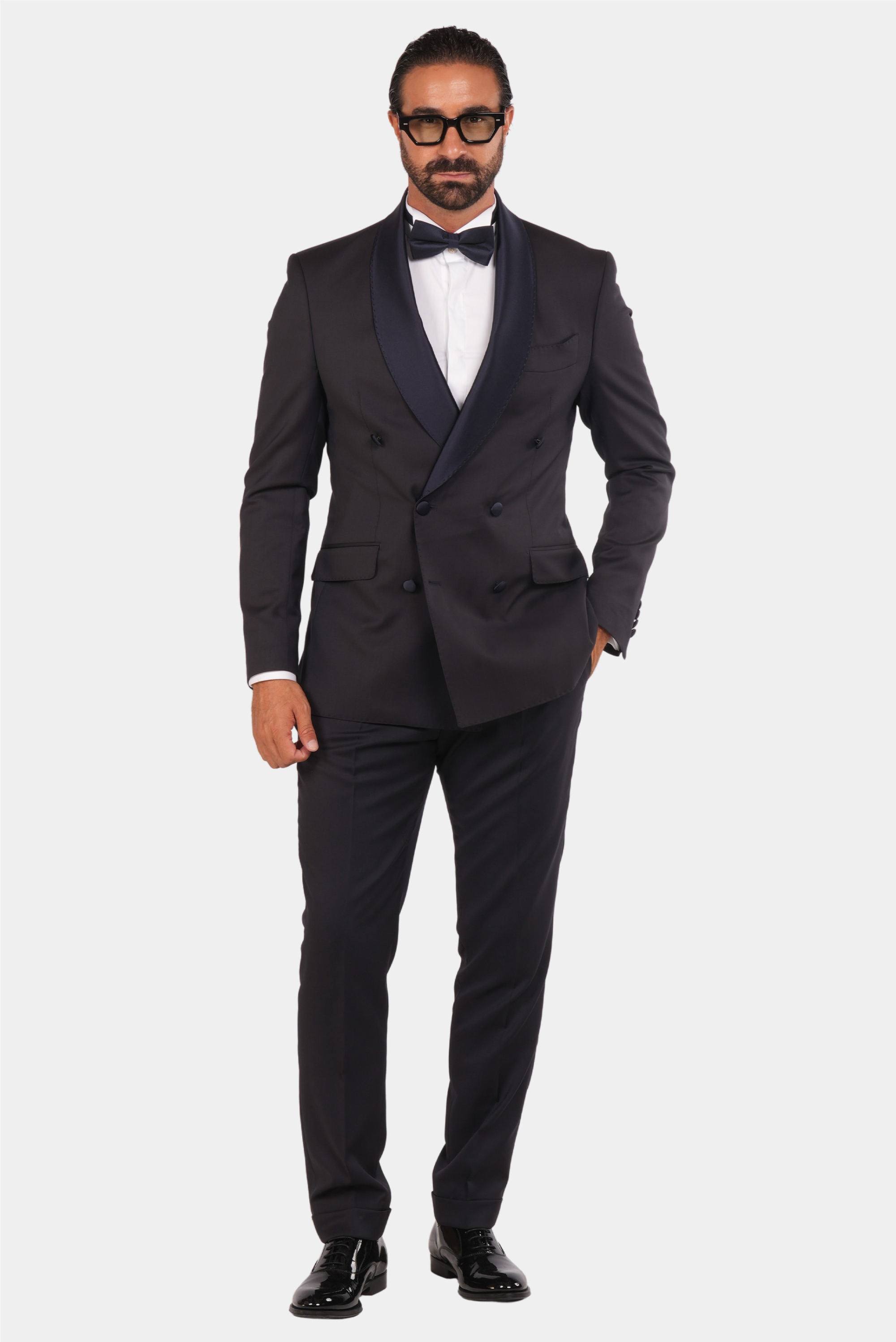 Dunkelblaue Slim Fit Doppelreihige Smoking-Anzug