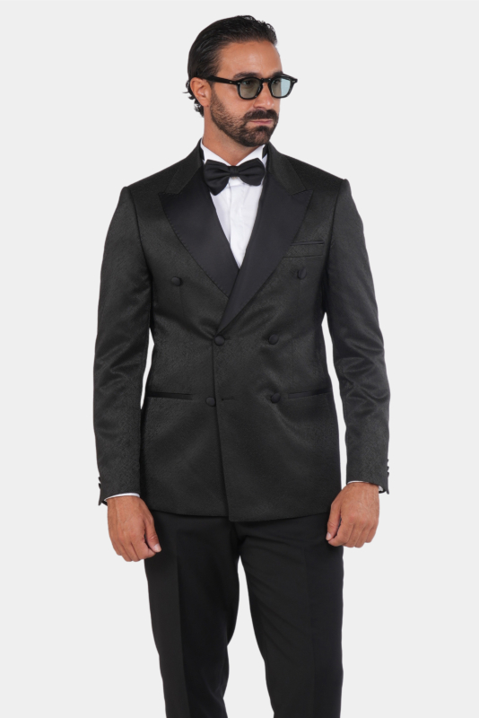 Smoking Herren Schwarz – Doppelreiher mit Strukturstoff & Satin-Revers